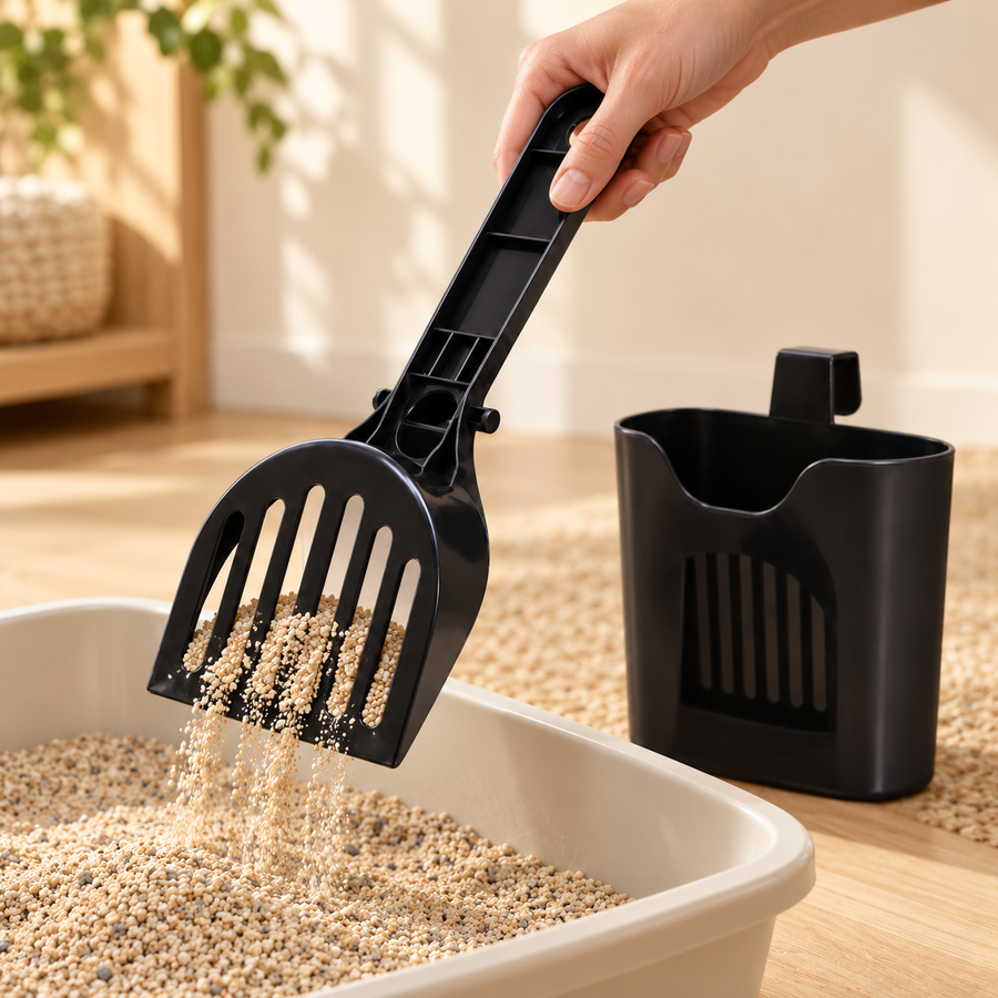 Hand sifting litter through a black slotted scoop over a cream tray, with its holder standing alongside