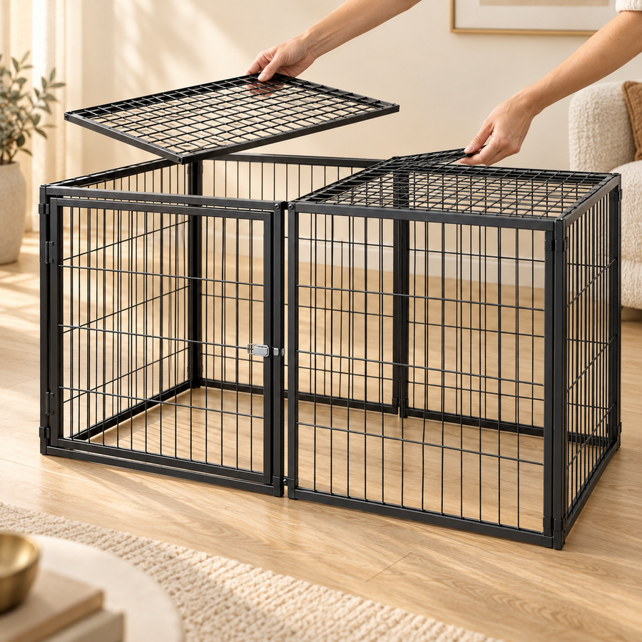 Hands lifting one flat wire top panel off a low black metal dog kennel standing on an oak floor