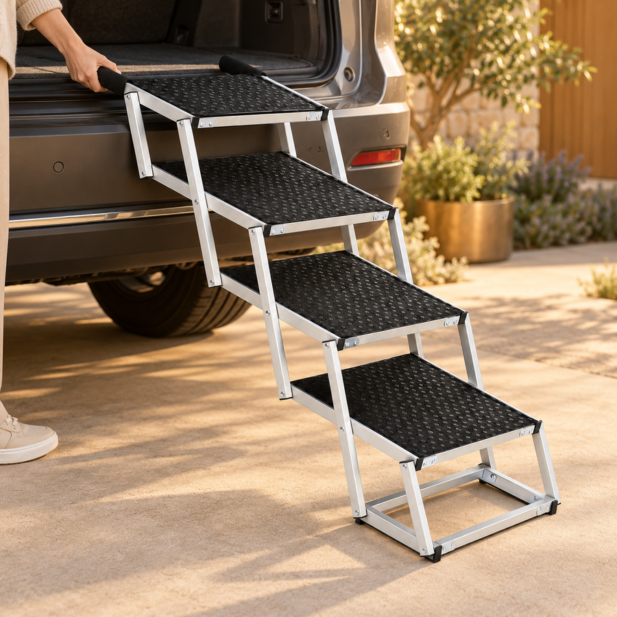 An adult positions the open four-step black dog stairs against a parked vehicle, holding an upper frame end.
