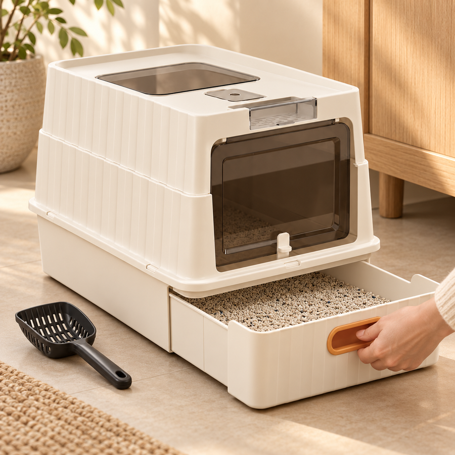 Hand pulling out the litter drawer of a cream enclosed cat litter box, with a black scoop on the floor