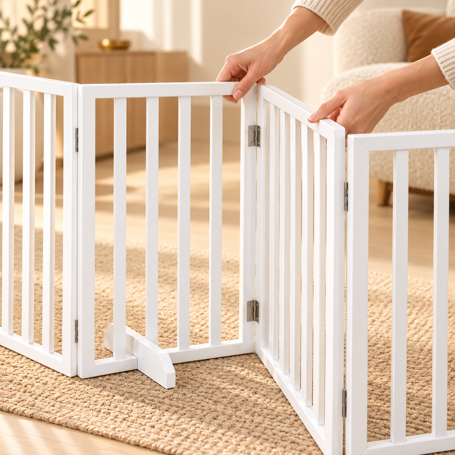 Hands unfolding the white wooden pet gate panels on a woven rug, with hinges and support feet visible