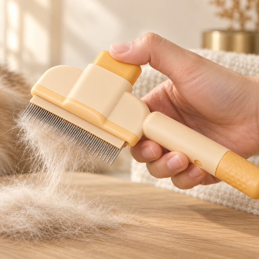 A thumb presses the apricot comb release button as loose fur lifts away from the metal teeth.