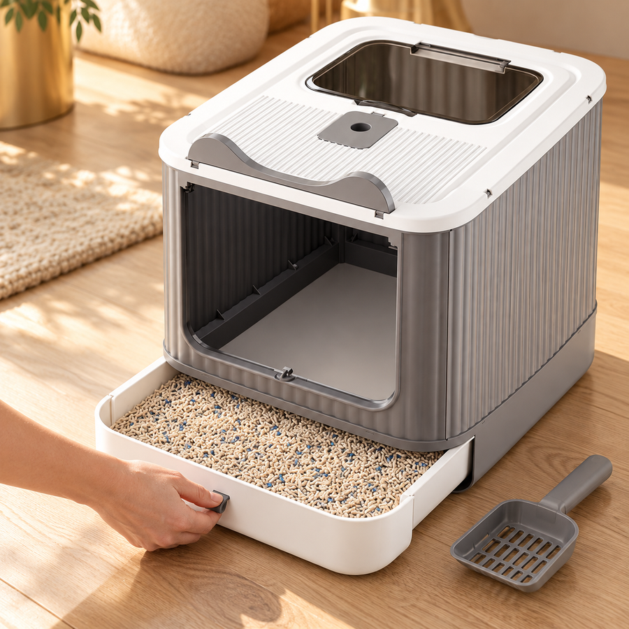 Hand pulling out the white drawer tray filled with litter on a covered cat litter box, with a gray scoop beside it