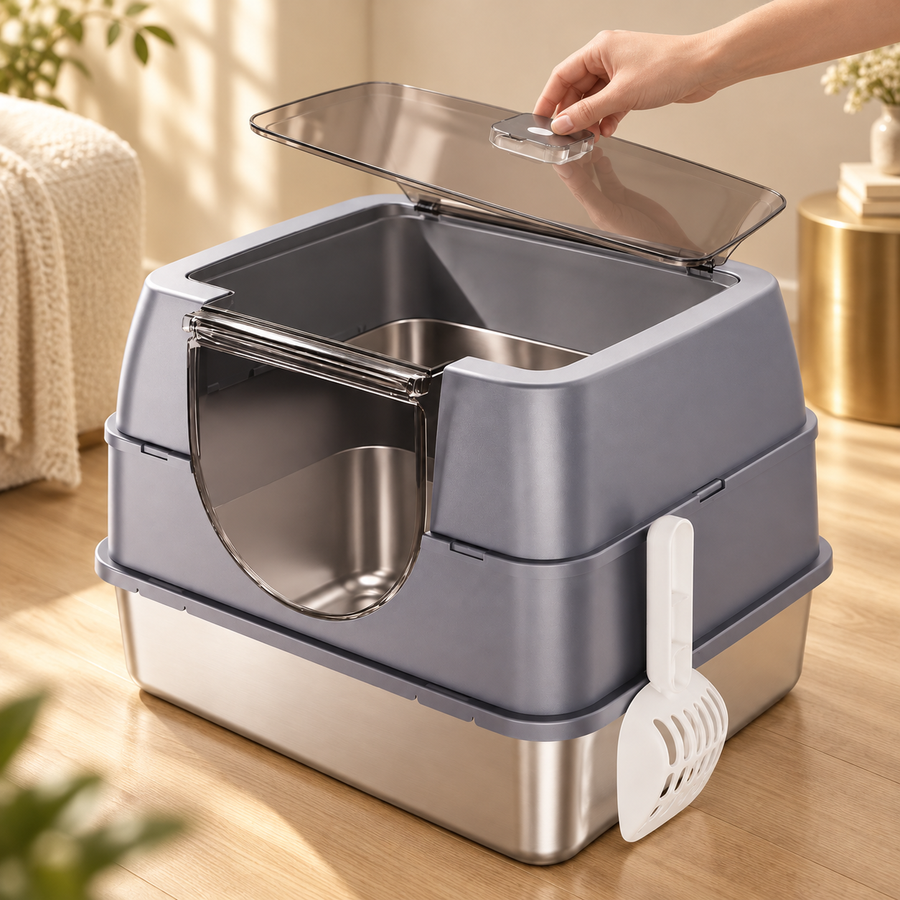 A hand lifts the transparent hinged roof of a gray covered litter box to reveal the stainless steel basin below.