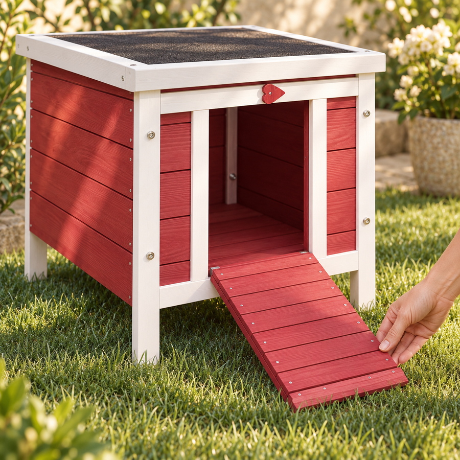 Hand lowering the slatted red ramp door of a small red-and-white wooden rabbit house on a green garden lawn
