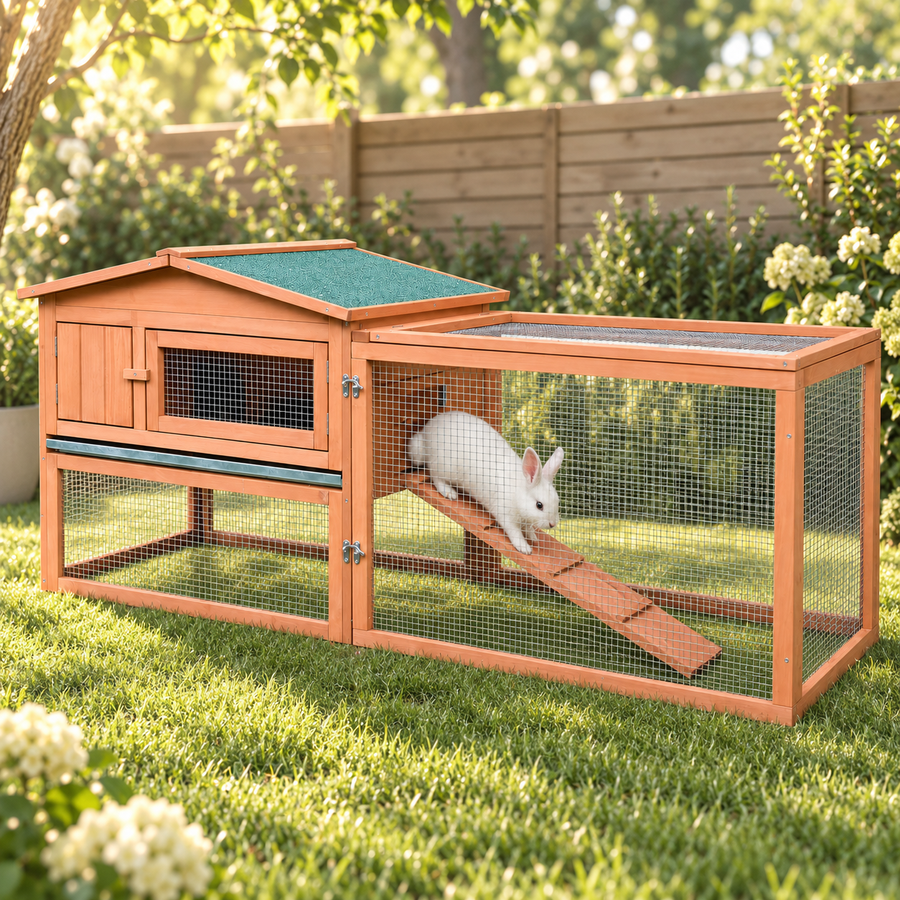 White rabbit hopping down the wooden ramp from the raised house into the run of a fir-wood hutch in a garden