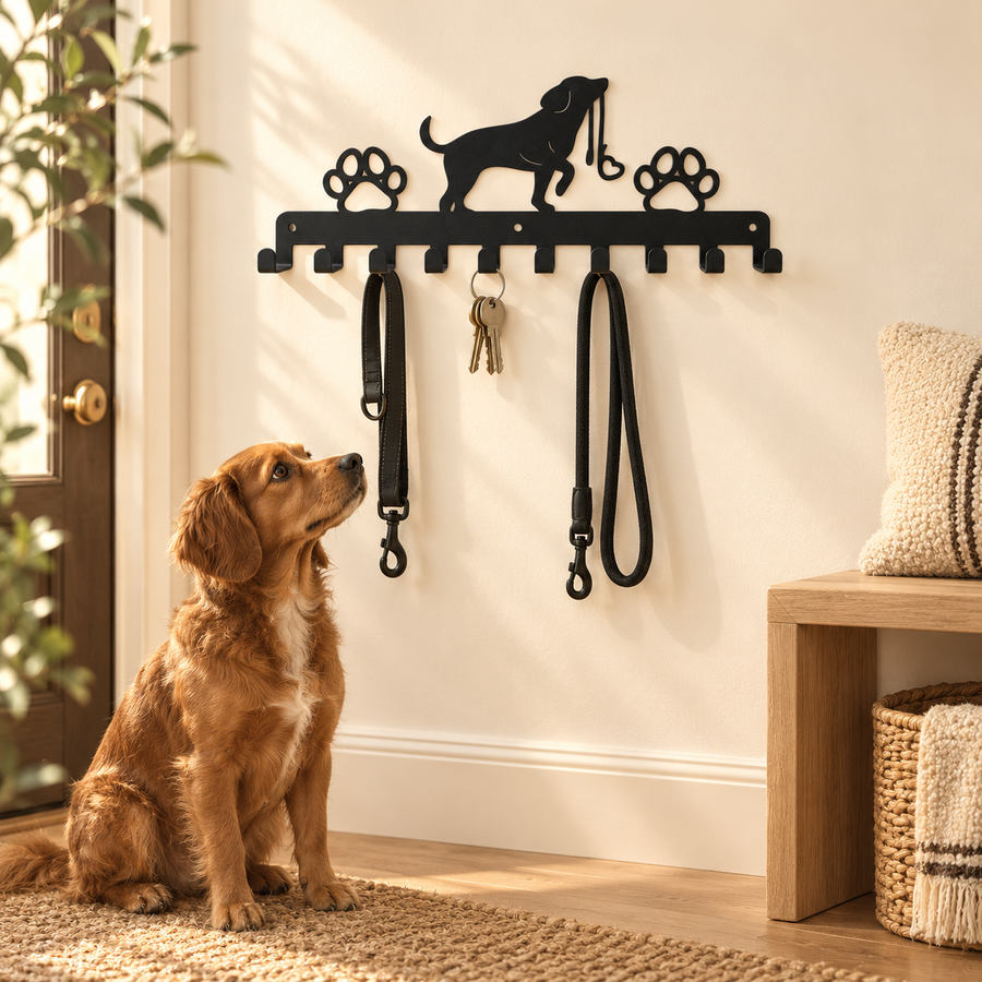 Ten-hook black leash rack holding two dog leads and keys on an entryway wall above a seated brown dog.