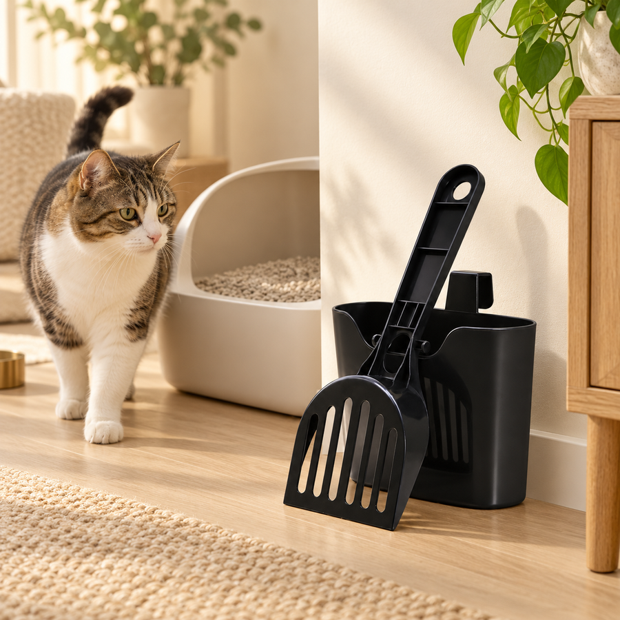 Black litter scoop and holder beside a cream litter tray, with a tabby and white cat walking nearby