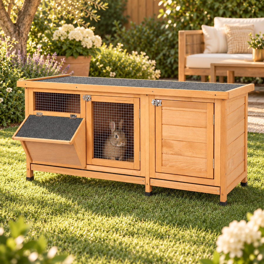 Brown rabbit looking out through the wire-mesh middle door of a honey-colored wooden hutch on a garden lawn