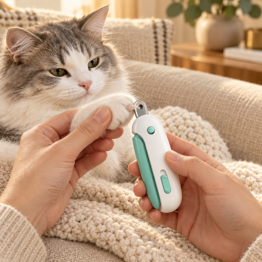Hands holding a gray-and-white cat's paw on a knit throw, one claw tip in the opening of a small white nail clipper