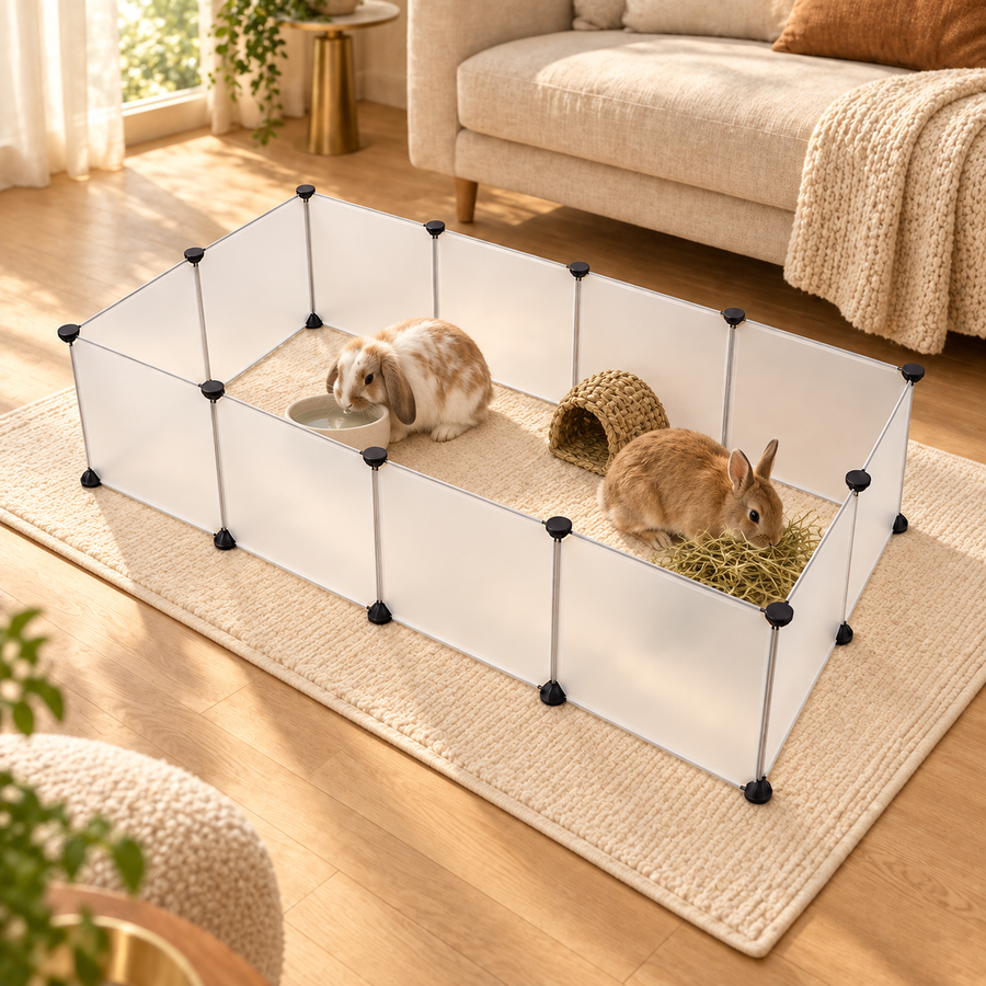 Two rabbits resting inside a white modular small pet playpen on a cream rug in a living room
