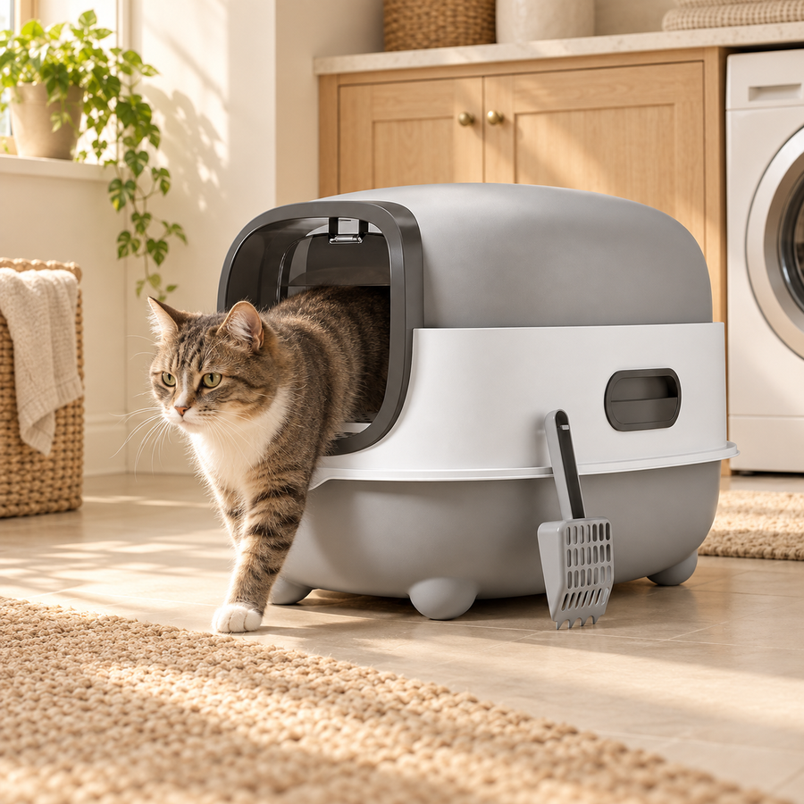 A tabby cat steps through the front opening of a gray and white oval litter box in a bright utility room.