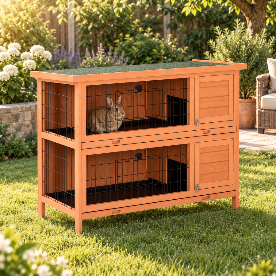 Brown rabbit sitting on the upper level behind the black wire front of a two-story wooden hutch in a garden