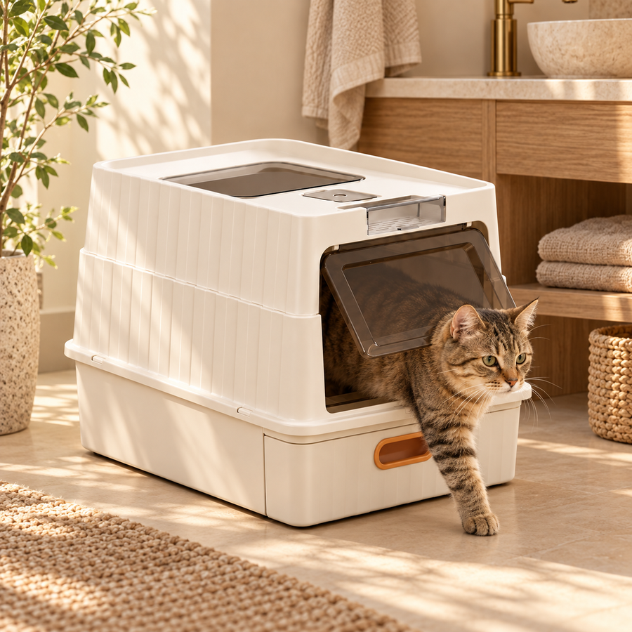 Tabby cat stepping out through the front flap of a cream enclosed litter box with a pull-out drawer