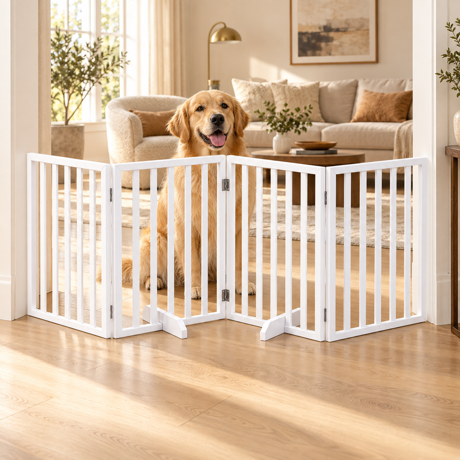 Golden retriever sitting behind a white folding wooden pet gate across a living room opening