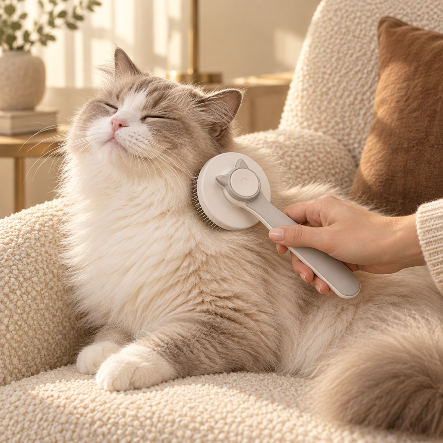 Hand brushing a fluffy white and gray cat with a round slicker brush while the cat rests with closed eyes