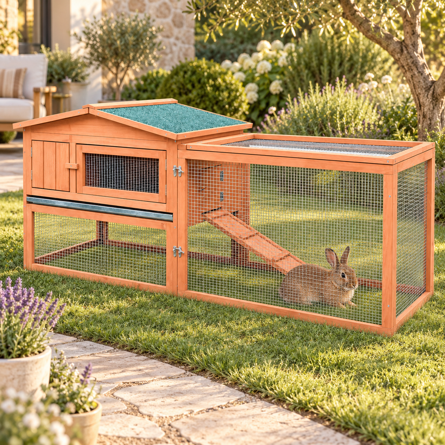 Brown rabbit sitting on the grass inside the wire run of a natural wood rabbit hutch beside a stone garden path
