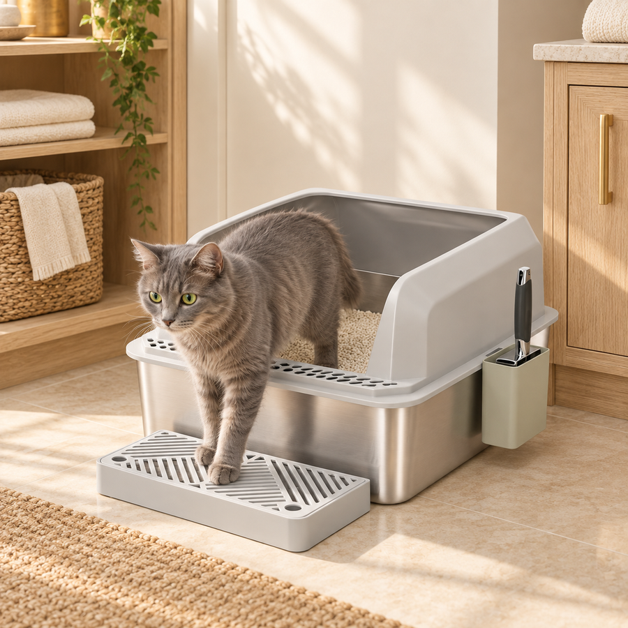 Gray cat stepping out of a stainless steel litter box over a gray grated step in a bathroom nook
