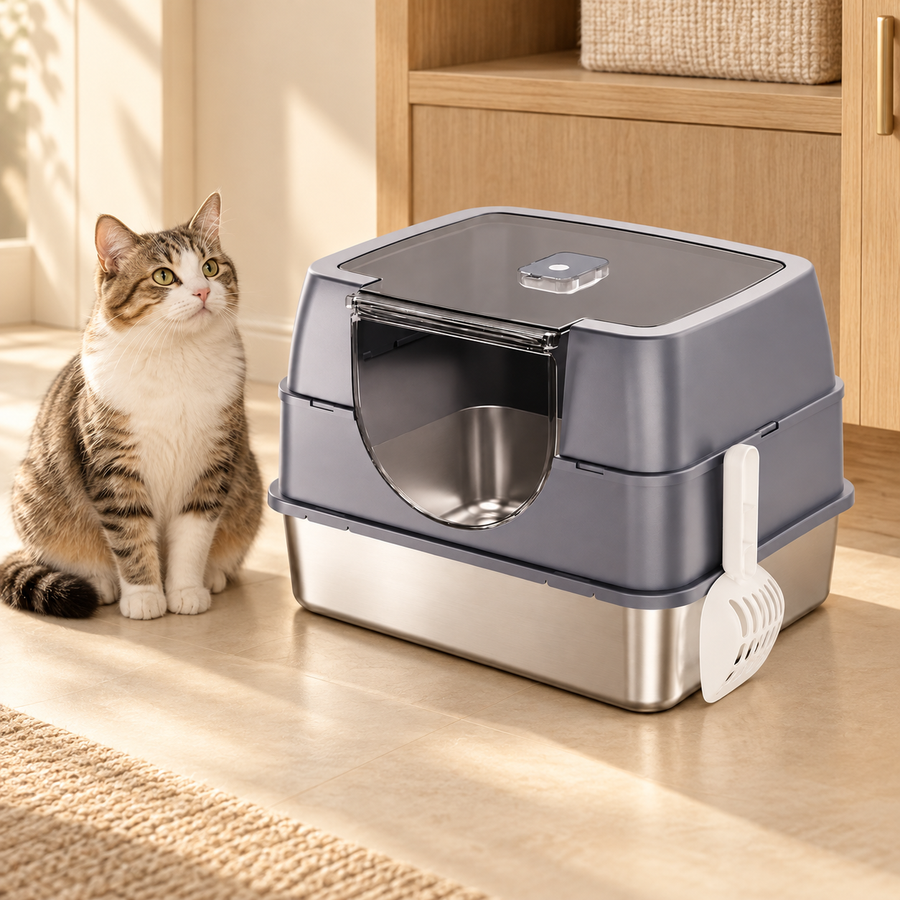 Tabby cat sitting beside a gray covered litter box with a steel lower basin and white scoop on a pale floor.