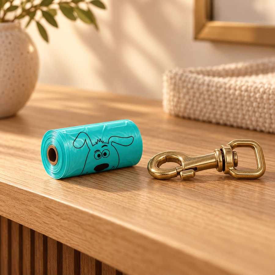 Teal roll of dog waste bags on a wooden console beside a brass leash clip