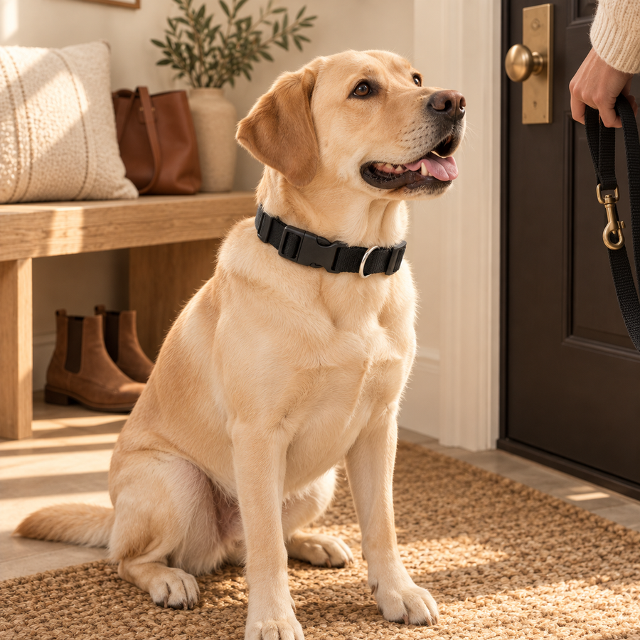 Golden Labrador sitting in a home entryway wearing a black nylon dog collar with a metal D-ring