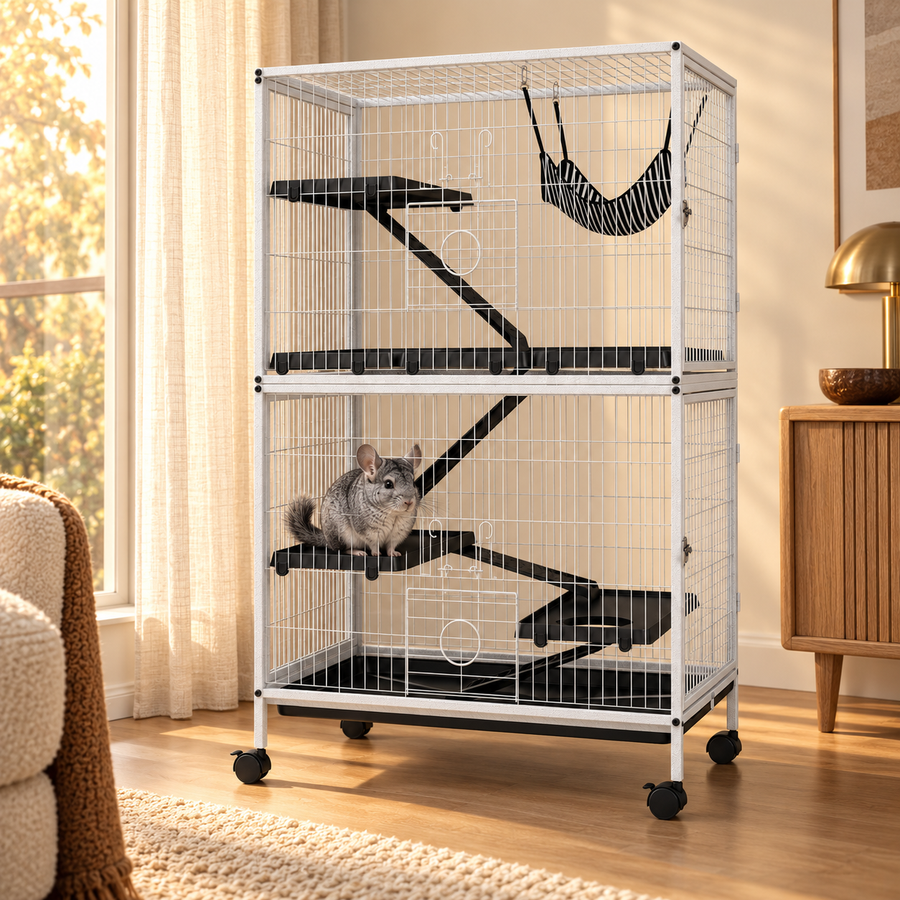 Gray chinchilla sitting on a black platform in the lower section of a tall white wire cage by a sunny window