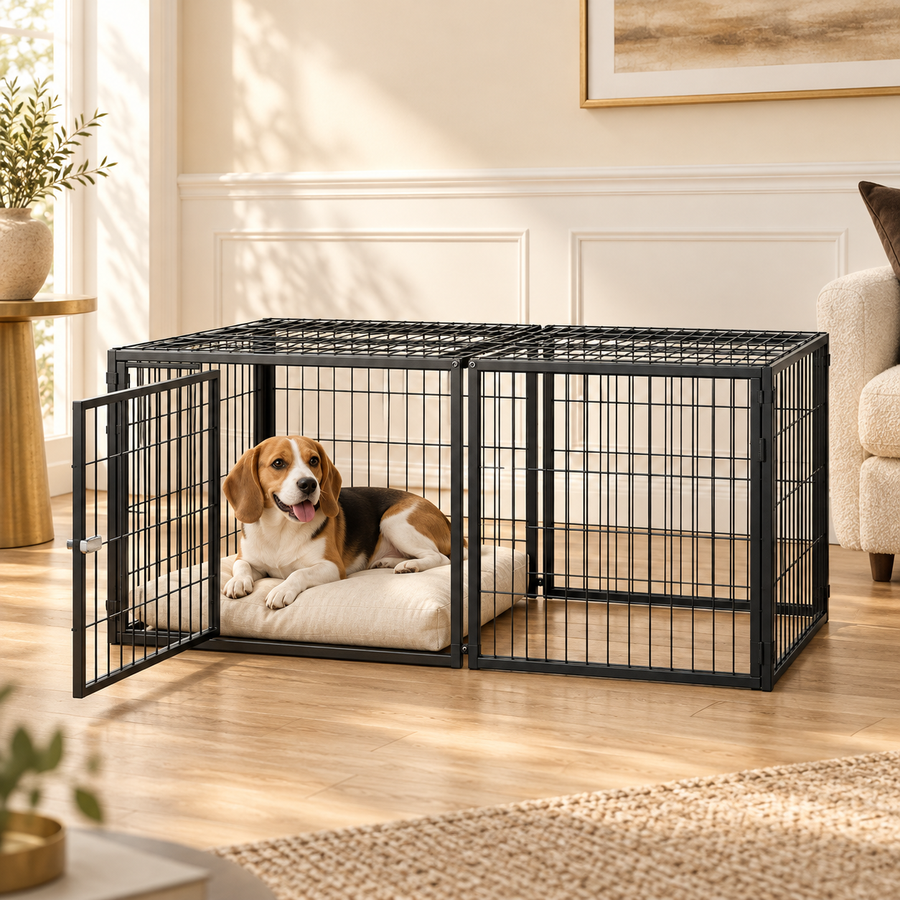 Beagle resting on a linen cushion inside a low black wire dog kennel with its door open in a bright living room
