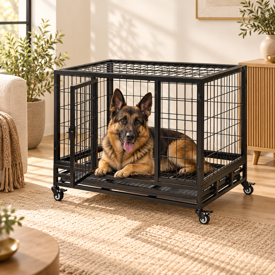 German shepherd lying inside a black heavy-duty dog crate on casters in a bright living room