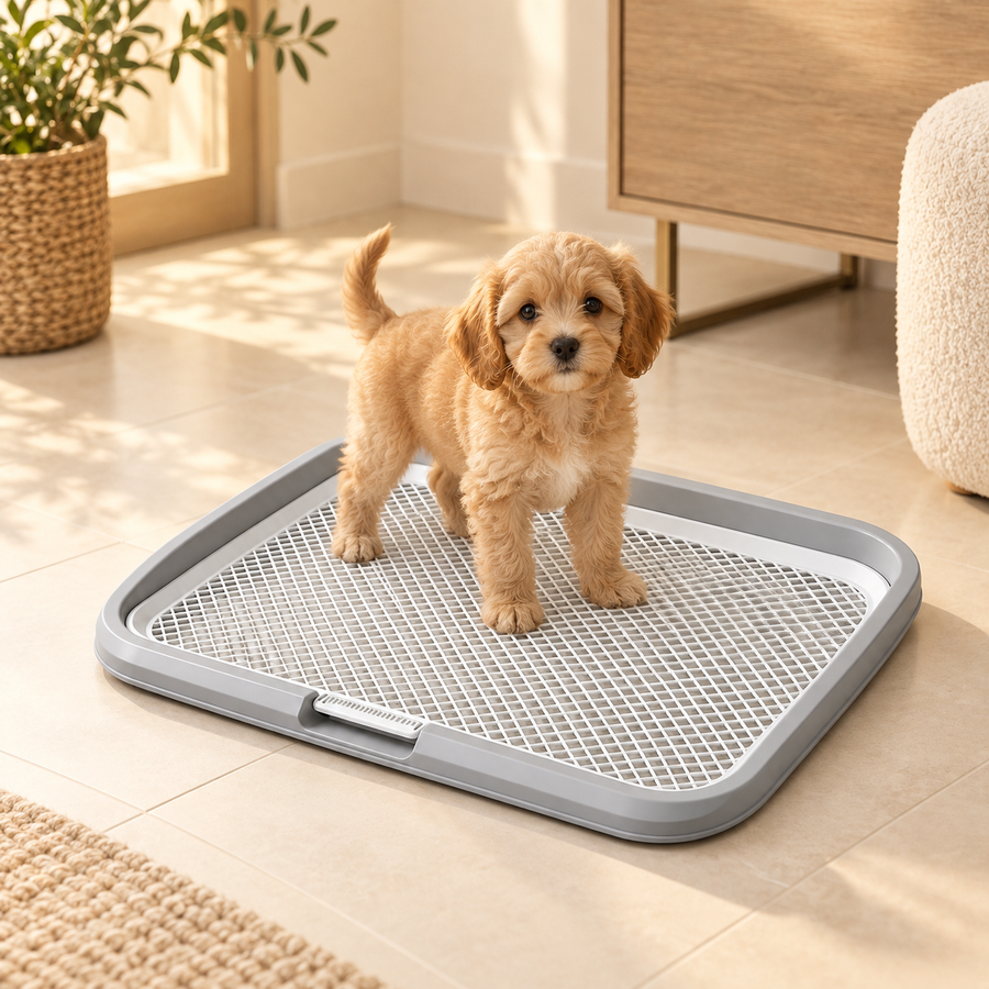 Small tan puppy standing on the white grid of a gray potty tray beside a cream sofa