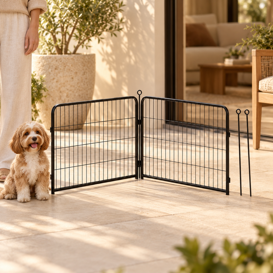 Two low black extension panels joined at an angle on a patio beside a small dog, with two separate rods nearby.