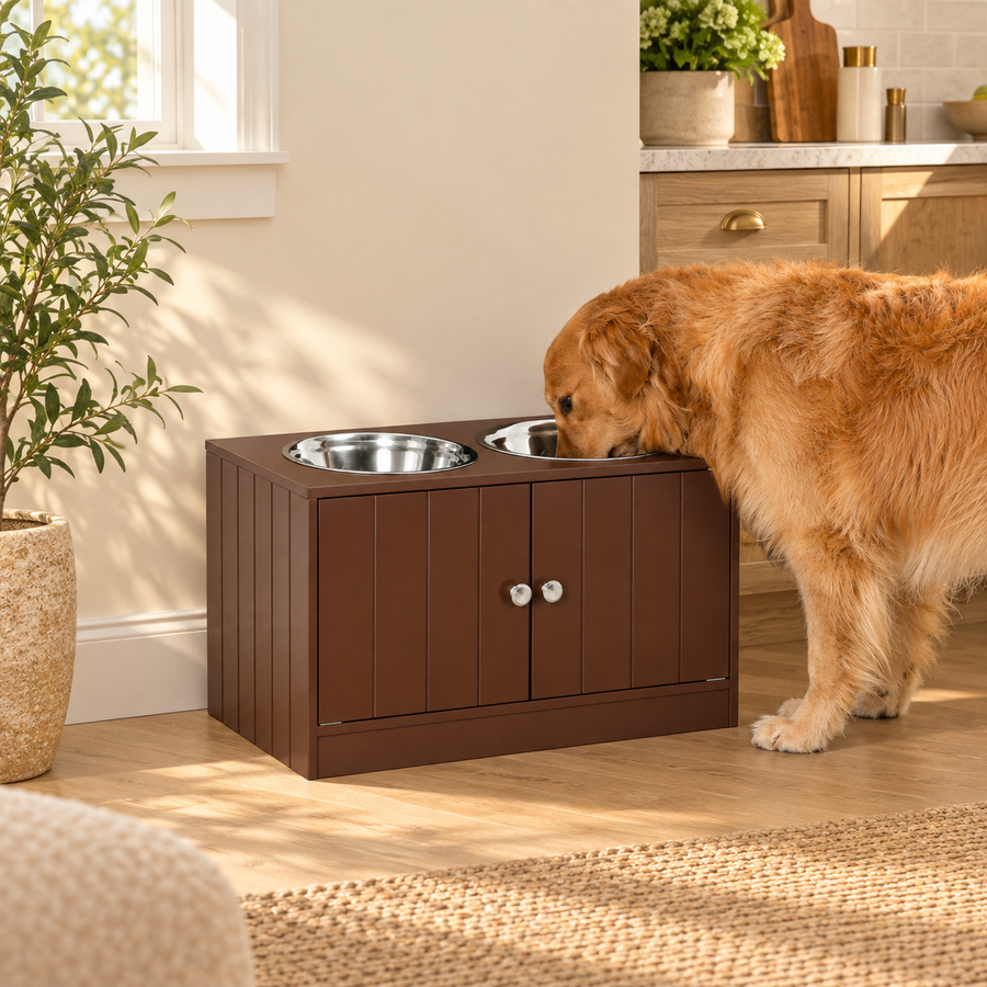 Golden dog eating from the steel bowls of a brown raised dog feeding station in a sunny kitchen nook