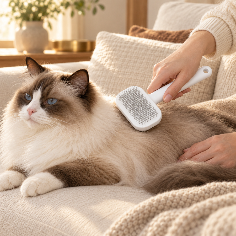 Hand brushing a seal-point cat with a white slicker brush while the cat lies on a cream sofa