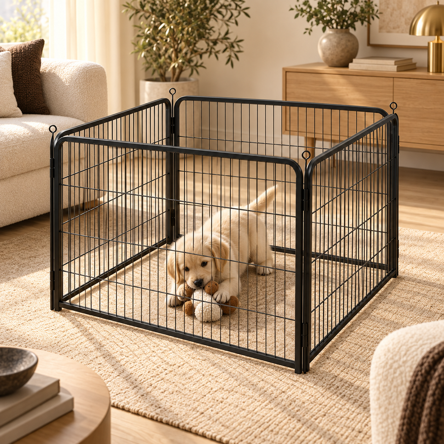 Cream puppy lying on a rug inside a square black metal dog playpen in a bright living room