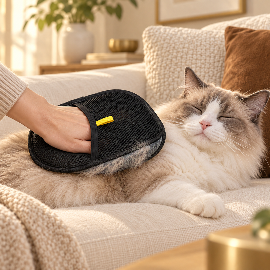 Hand in a black pet hair mitt stroking a fluffy ragdoll-type cat resting on a beige sofa