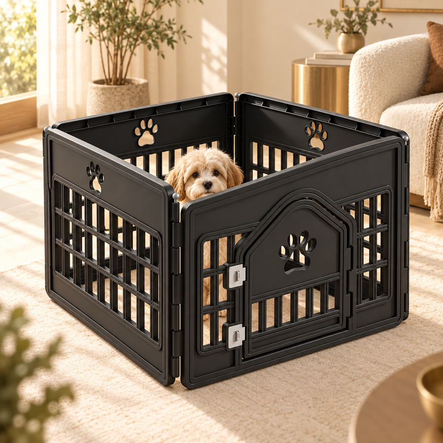 Small tan puppy inside a black four-panel plastic playpen with a paw-cutout door in a bright room