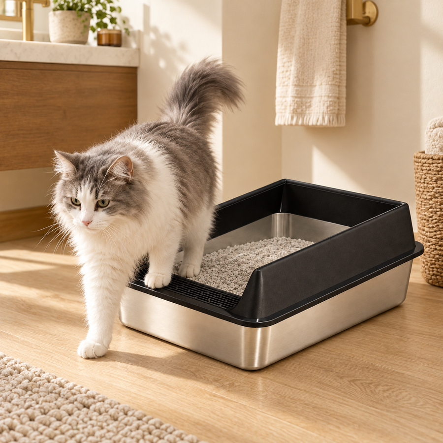 Gray-and-white longhaired cat stepping out of an open stainless steel litter box with black rim in a bathroom
