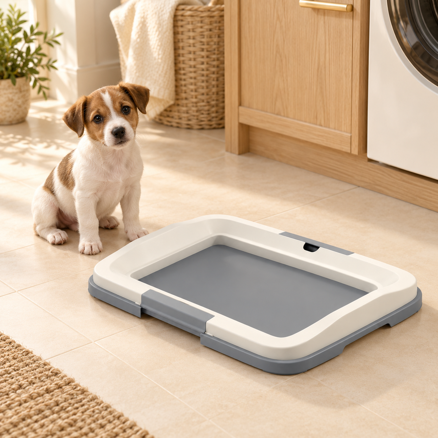Small brown and white puppy beside a gray training-pad holder with a white frame on a pale laundry-room floor.