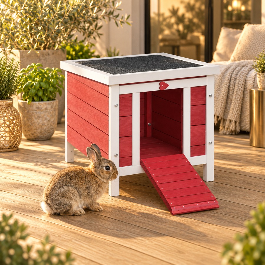 Brown rabbit sitting beside a small red-and-white wooden rabbit house with its ramp lowered on a sunny wooden deck