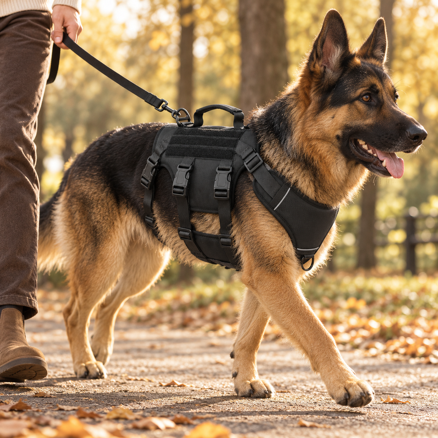 German shepherd in a black tactical harness walking on a leash along a leafy autumn park path