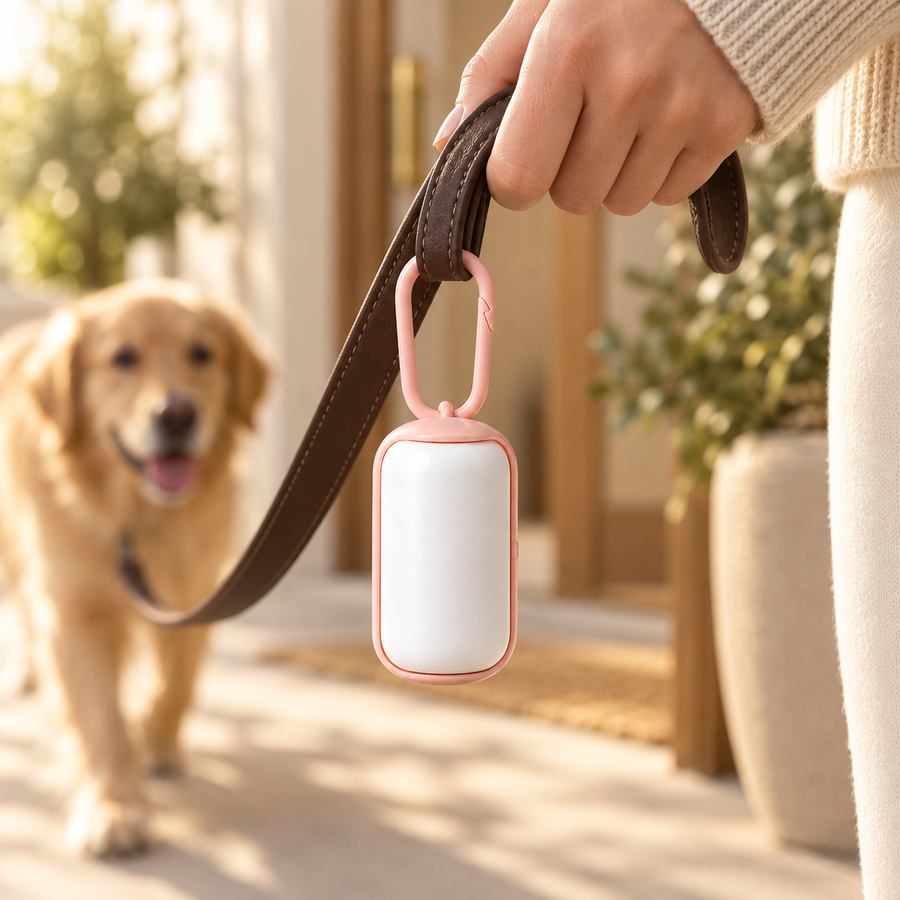 Small white waste bag dispenser with pink loop clipped to a brown leash as a golden dog walks toward the camera