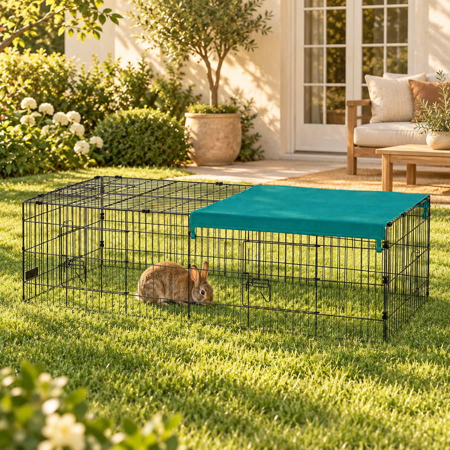 Brown rabbit sitting on the grass inside a covered black wire playpen in a sunny garden near a patio
