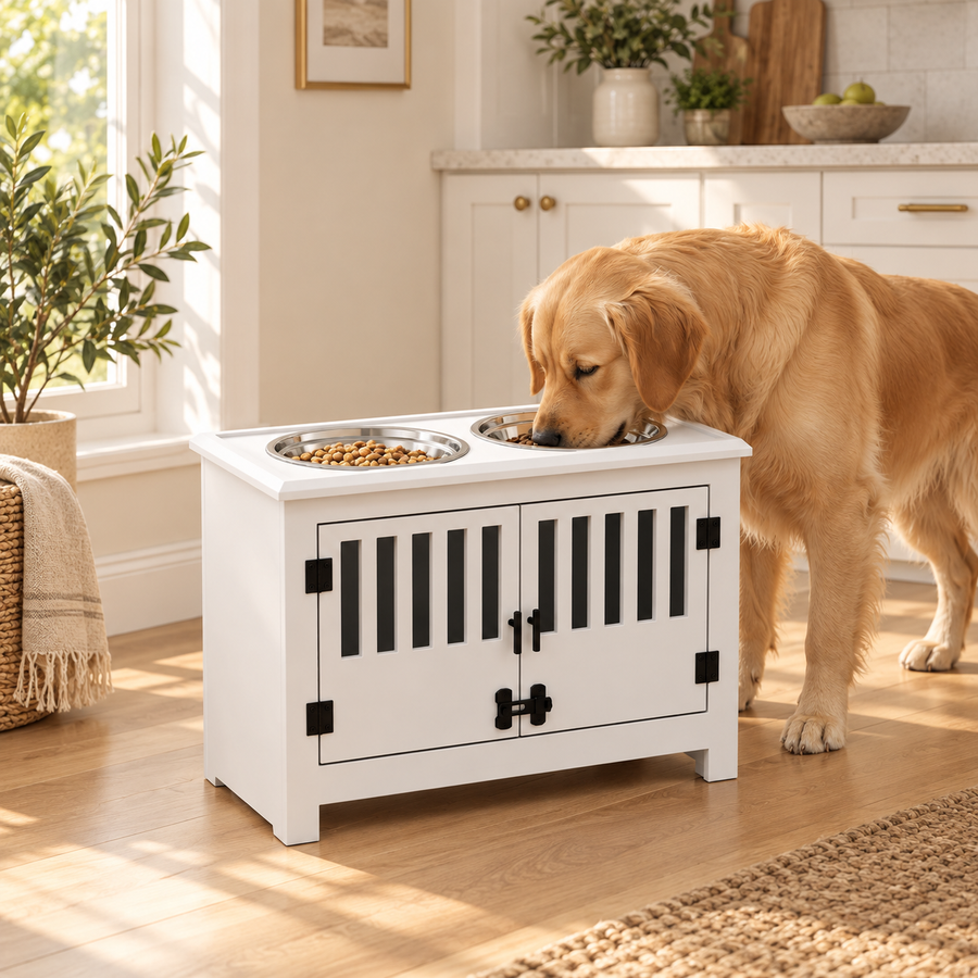 Golden retriever eating from the bowls of a white raised dog feeding cabinet in a bright room