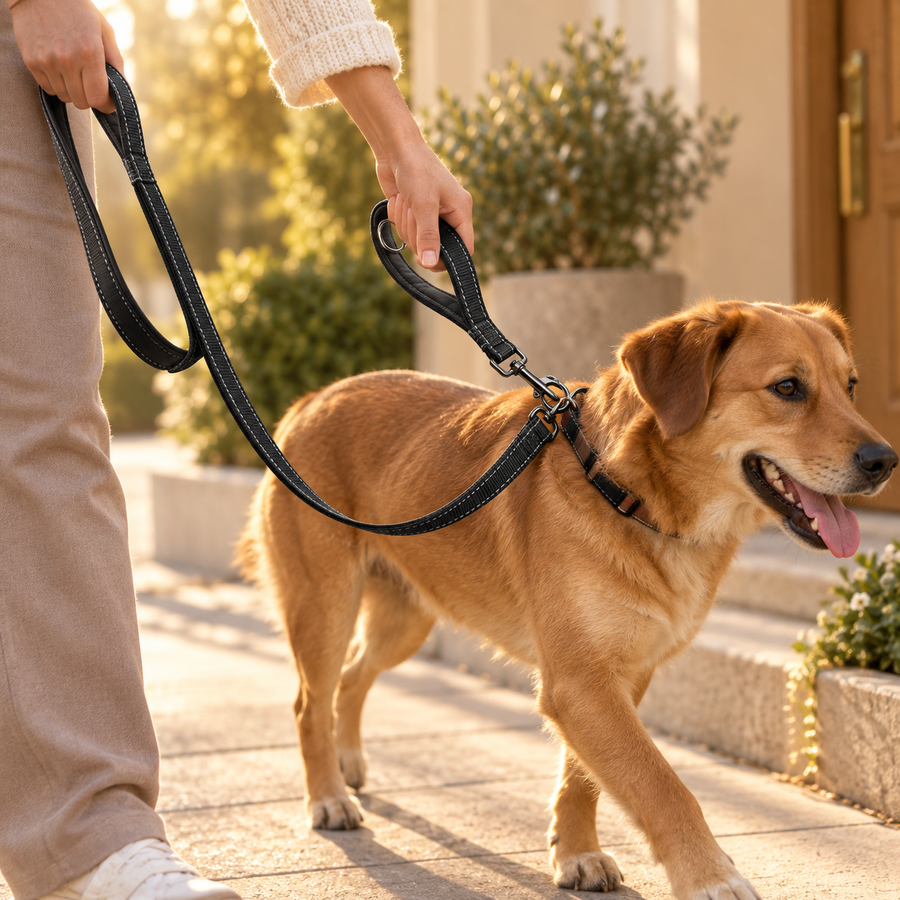 Woman walking a golden-brown dog on a black dog leash with a padded handle along a sunny path