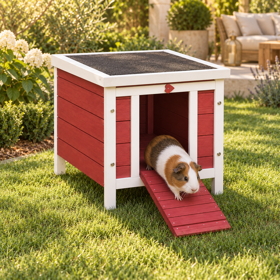 Guinea pig walking down the red ramp out of a small red-and-white wooden rabbit house on a garden lawn