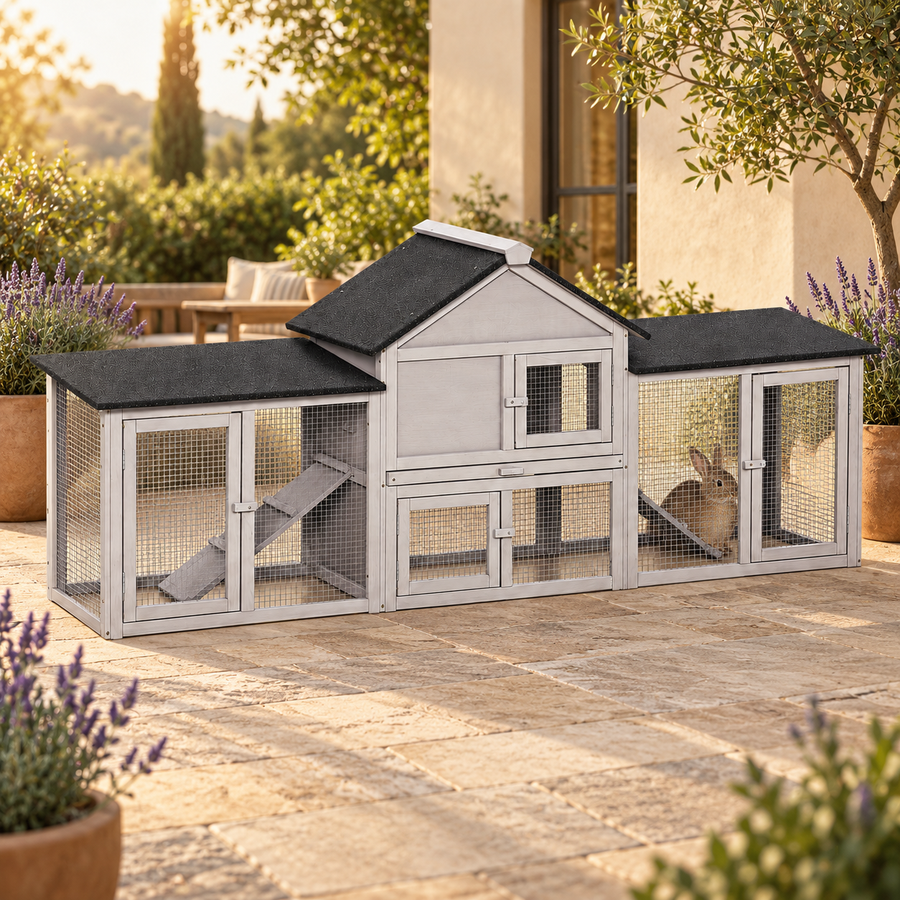 Brown rabbit in the right side run of a long gray wooden rabbit hutch with black roofs on a sunny stone terrace