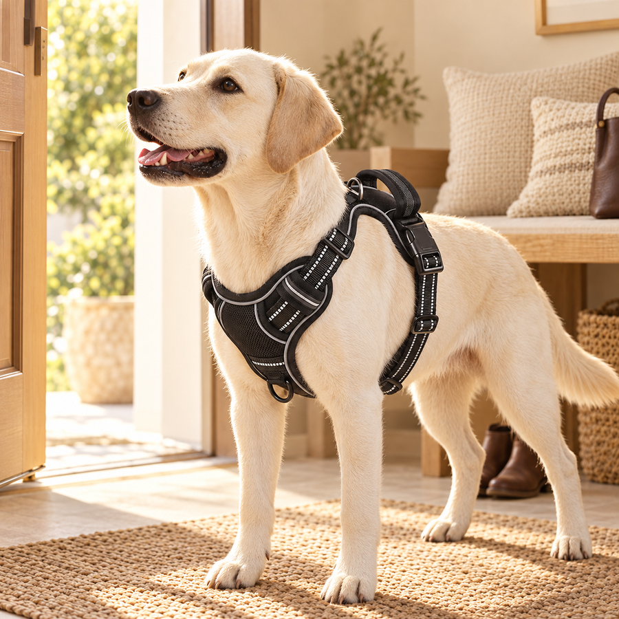 Cream Labrador-type dog wearing a black reflective harness with top handle, standing in a bright entryway