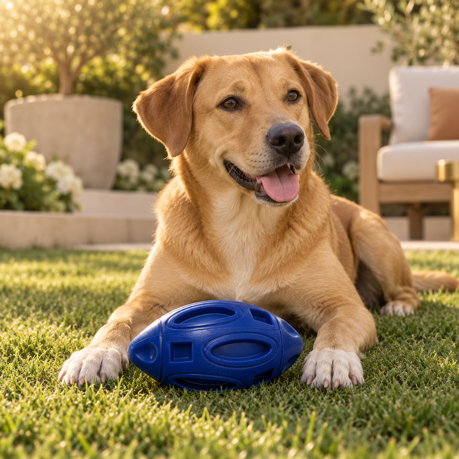 Tan dog lying on a garden lawn with a navy textured rubber football between its front paws