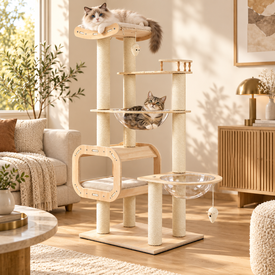 Ragdoll-type cat lounging on top of a wooden cat tree while a tabby rests in the clear capsule below