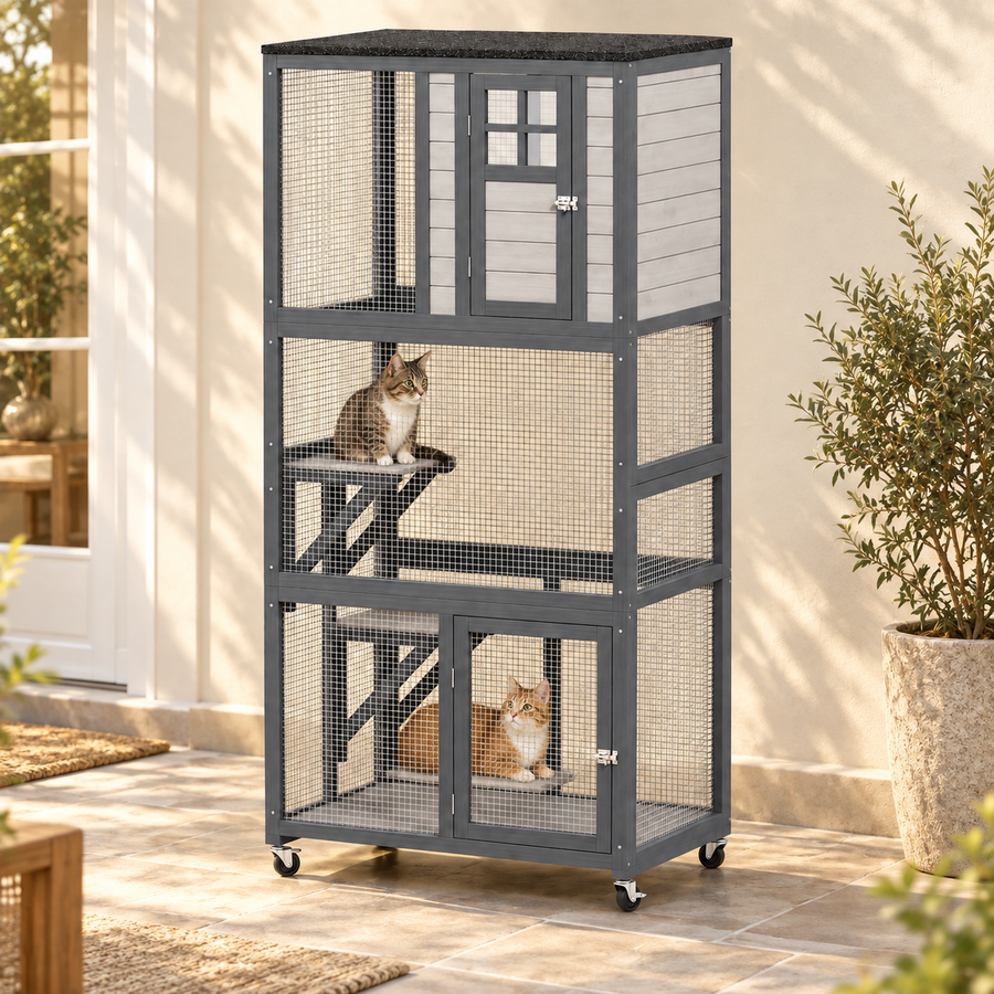 Two cats inside a tall gray wooden catio, one on a jump platform and one in the lower level on a patio