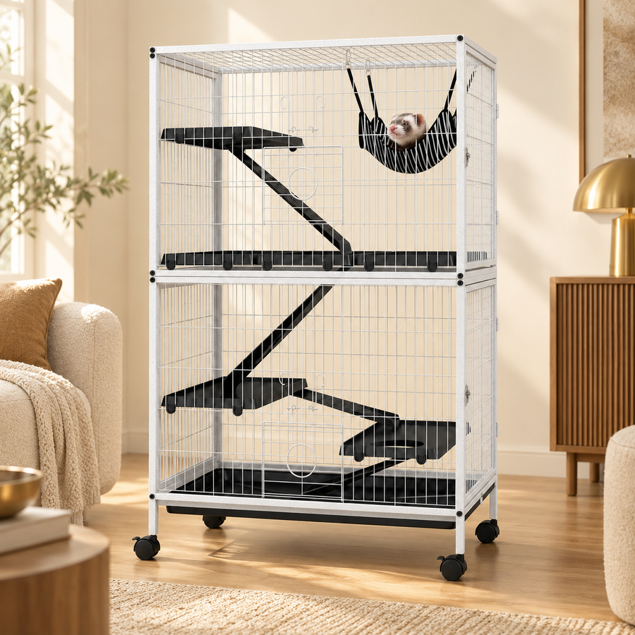 Ferret lounging in the striped hammock at the top of a tall white wire cage on casters in a warm living room